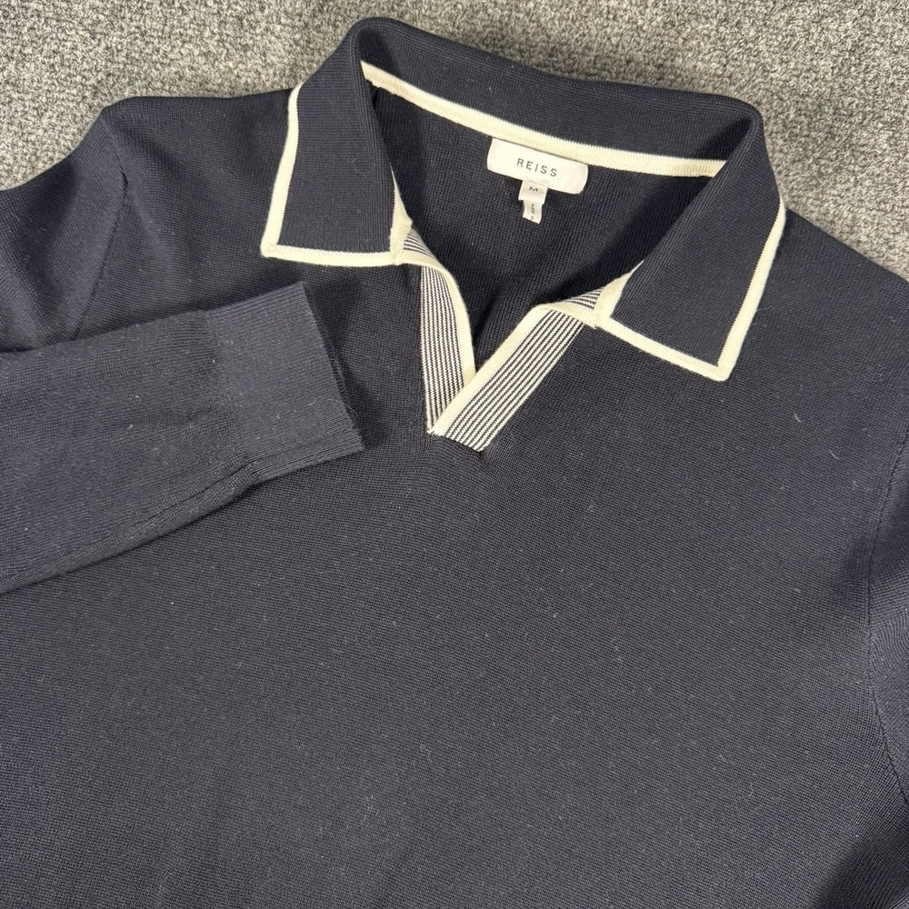 REISS Men's M Poole Tipped Open Collar Knitted Polo Sweater Navy Blue Cream